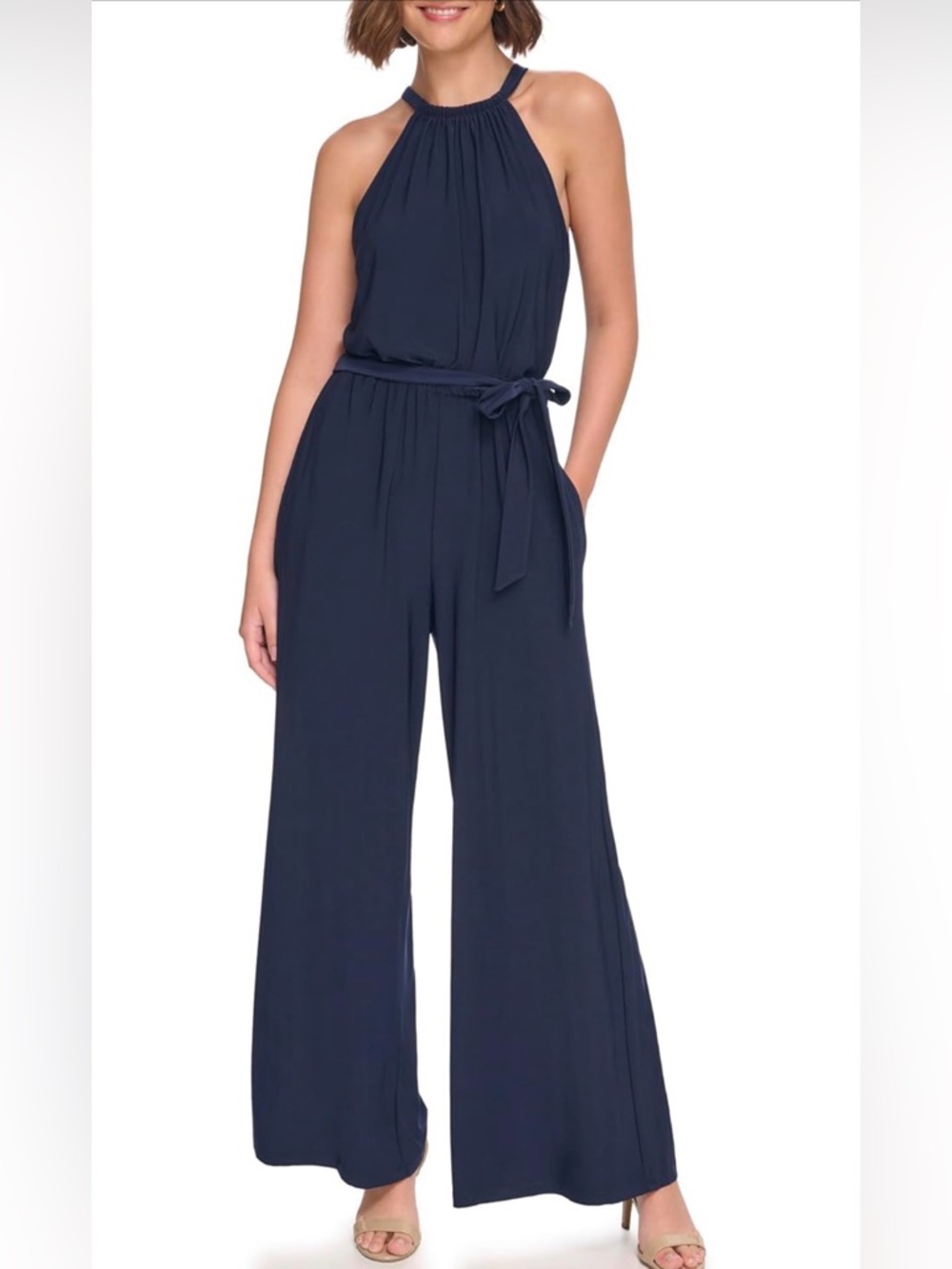 Eliza J - NWT Navy Halter Neck Wide-Leg Stretch Jumpsuit with Tie Waist sz 6